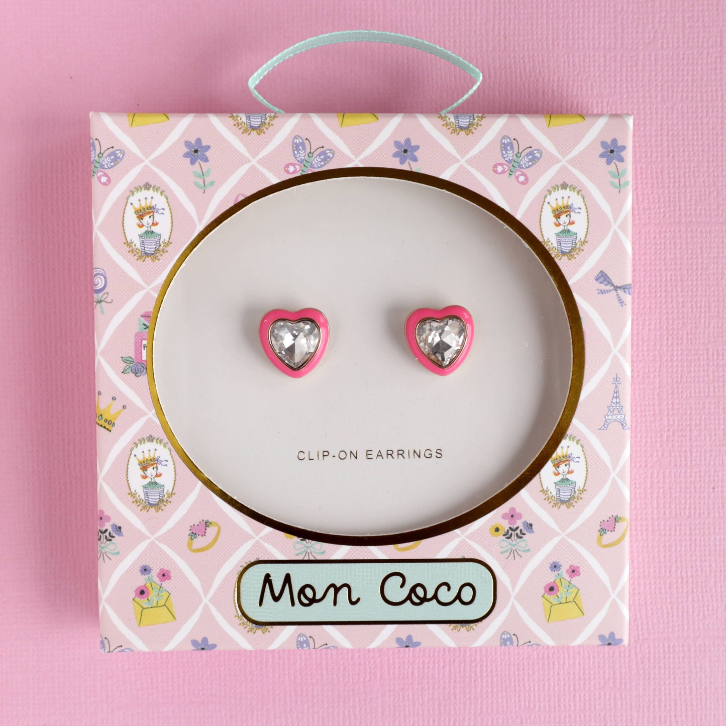Clip-On Earrings Bling Heart Pink