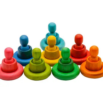 Qtoys Wooden Rainbow People Cups and Rings Set of 24