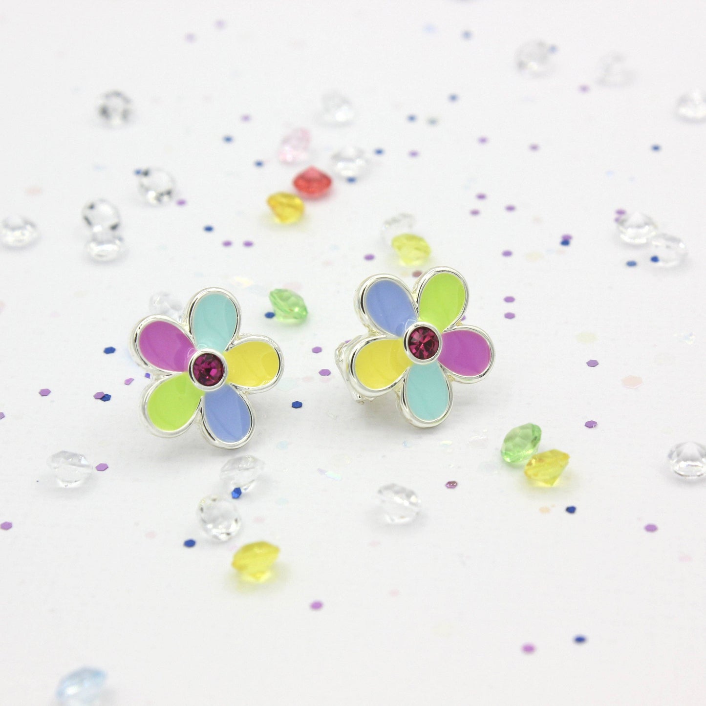 Clip-On Earrings Rainbow Flower