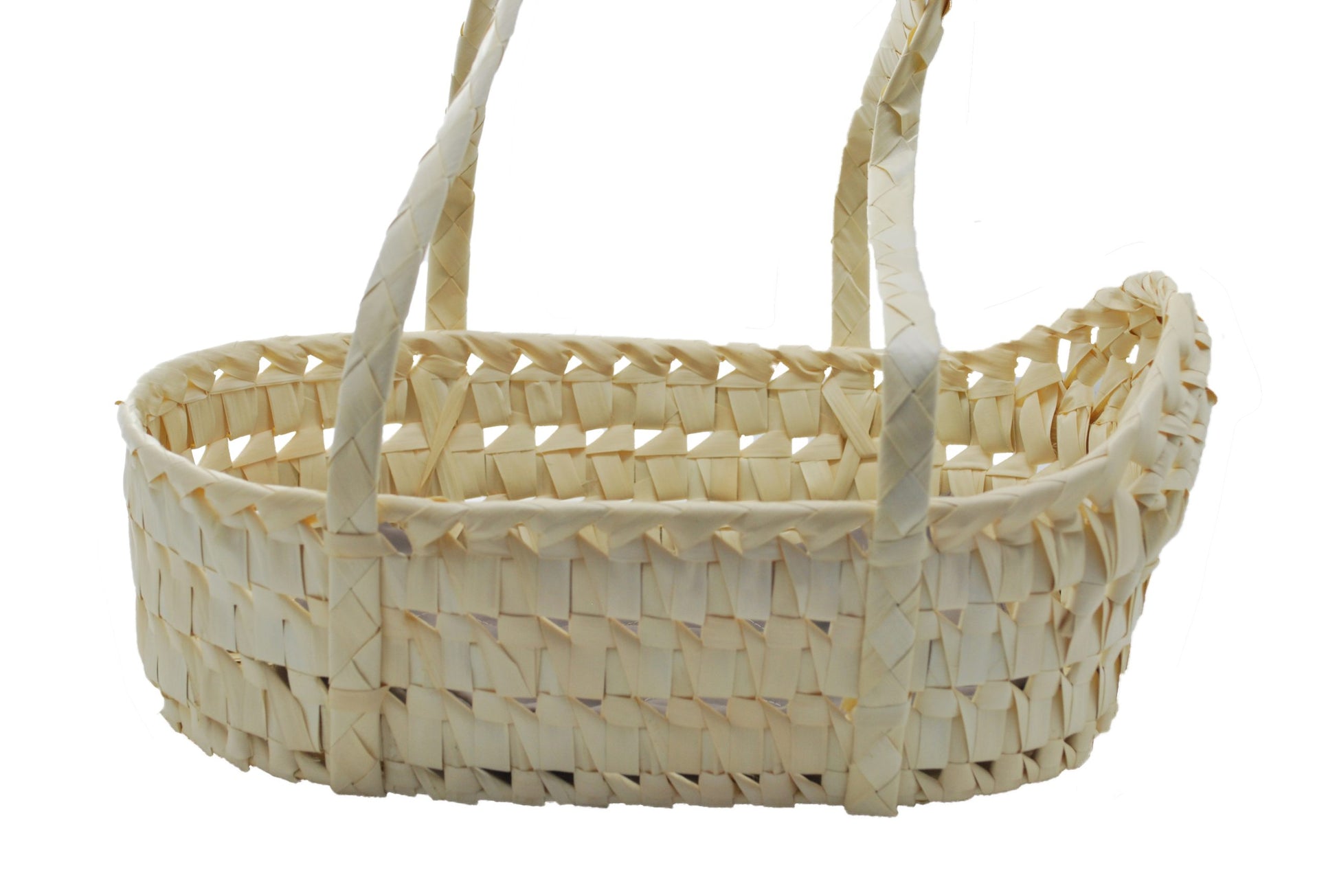 Woven basket with handles on a white background