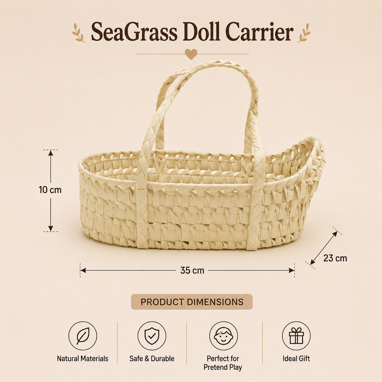 Sea grass doll carrier with dimensions and features on a beige background