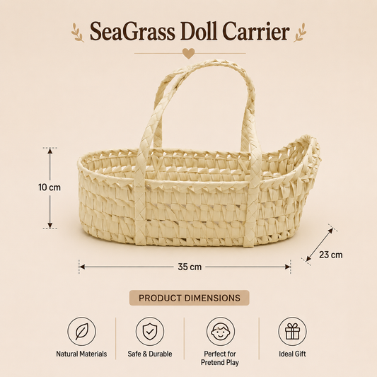 Sea grass doll carrier with dimensions and features on a beige background