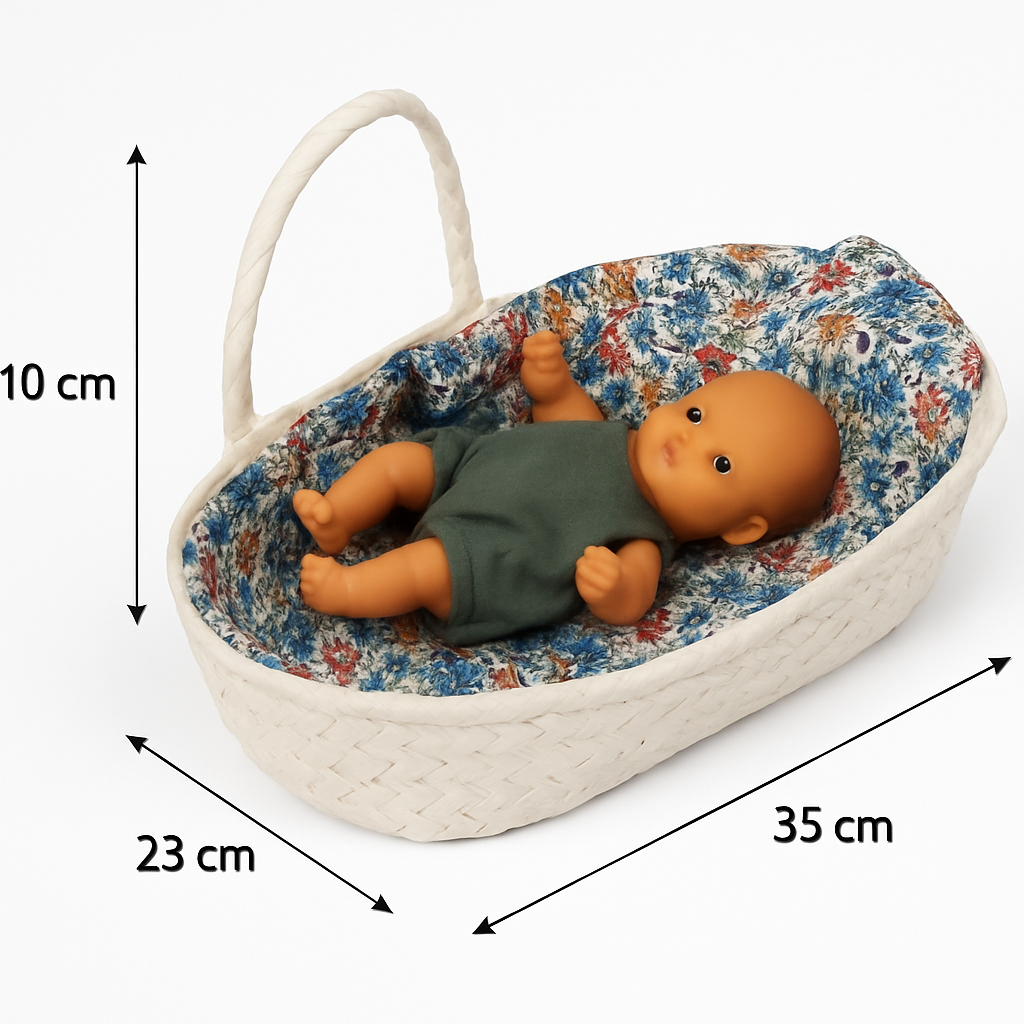 Measurement chart of a baby crib with a doll inside, showing dimensions on a white background.