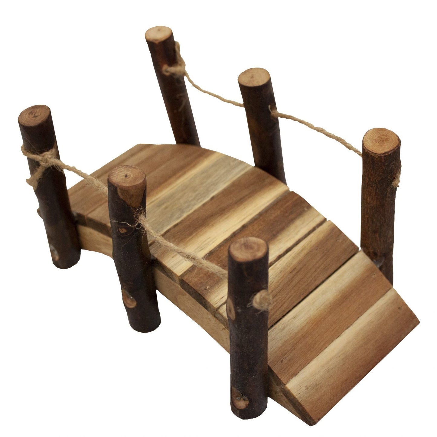 Wooden toy bridge with natural wood texture on a white background