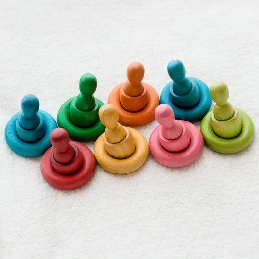 Qtoys Wooden Rainbow People Cups and Rings Set of 24